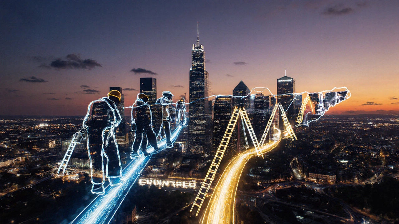 Tennessee city skyline at dusk with glowing pathways symbolizing electrician career progression.