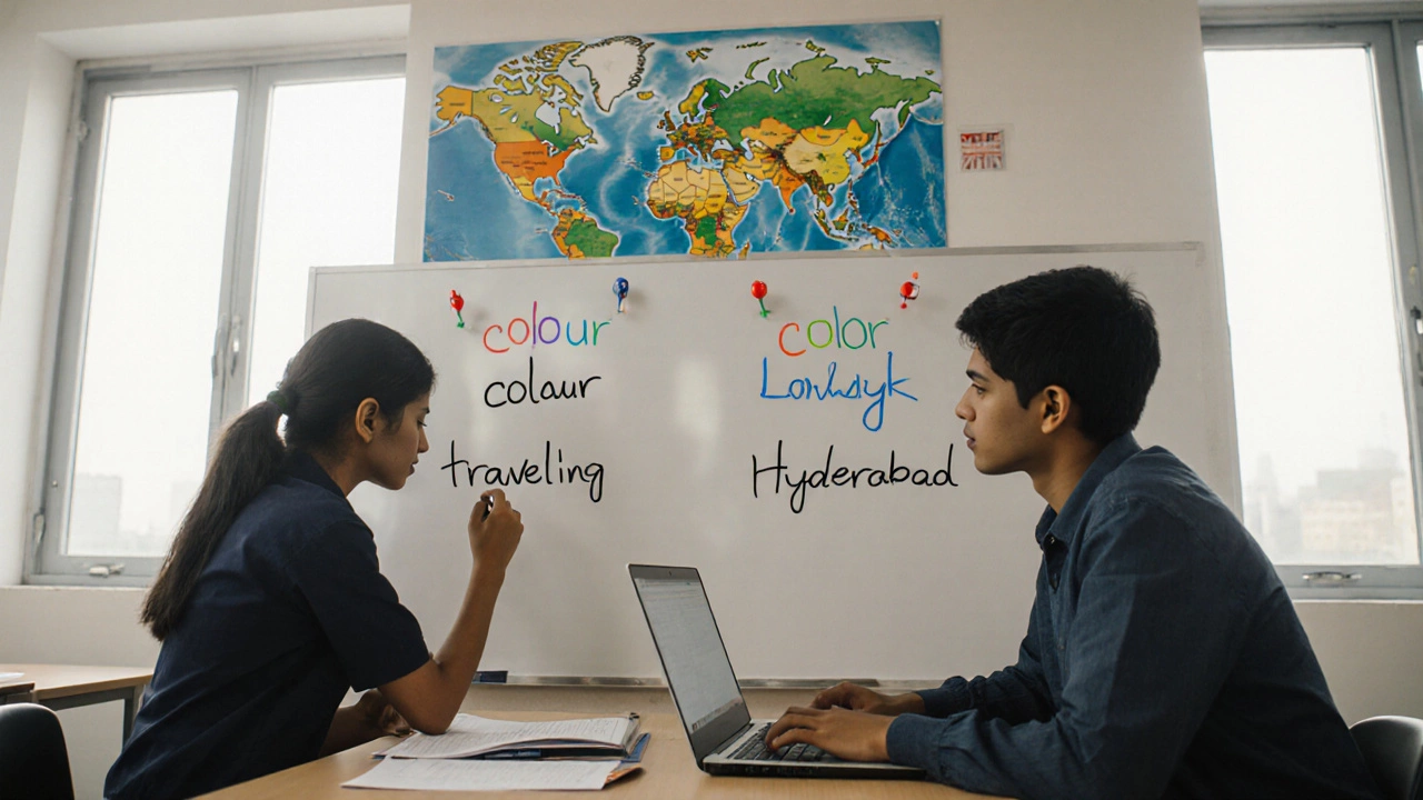 Two Indian students comparing British and American English spellings in a classroom with a globe in the background.
