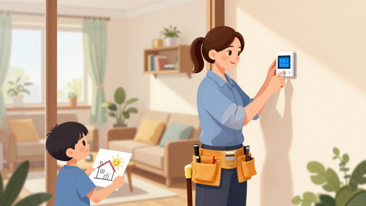 A female HVAC technician installing a smart thermostat in a cozy living room, child watching from the doorway.