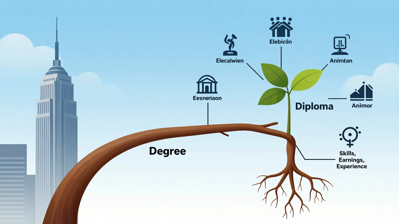 Branching tree showing degree and diploma career paths with job icons