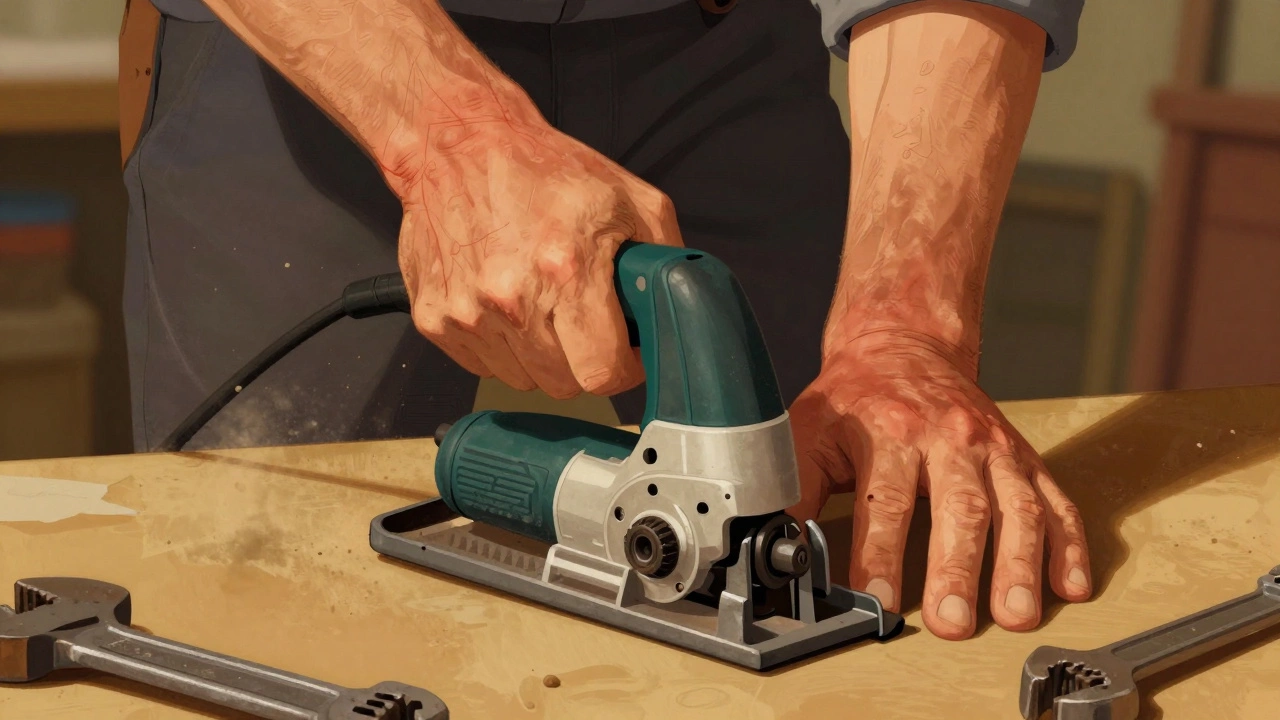 Close-up of a plumber’s worn, injured hands gripping a vibrating power tool.