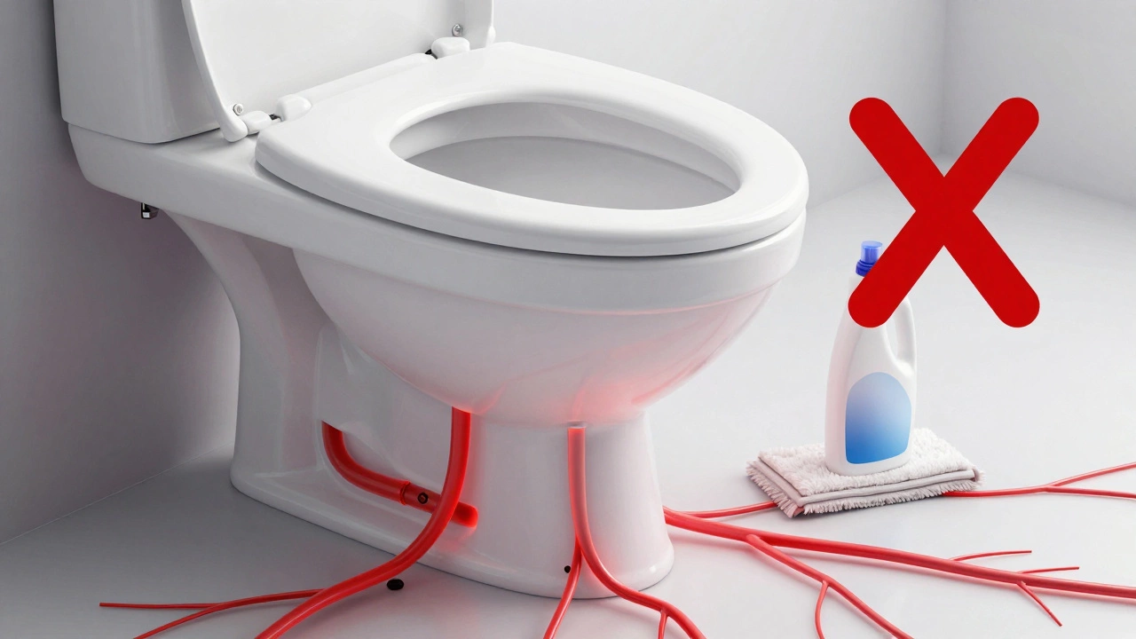 Conceptual image of hidden pipe clogs glowing beneath a faded clean toilet, with cleaning tools marked by a red X.