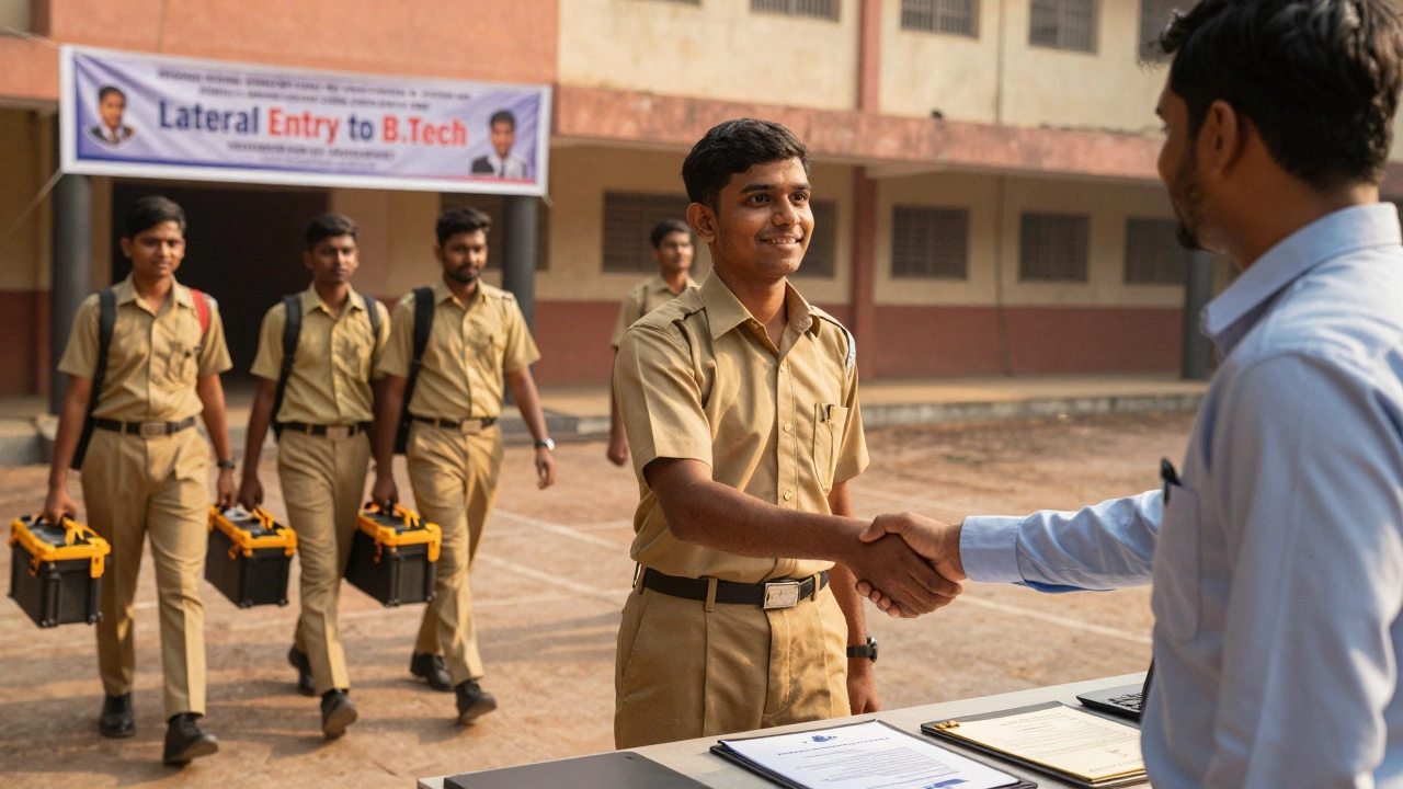 Diploma graduates exiting polytechnic, shaking hands with hiring manager