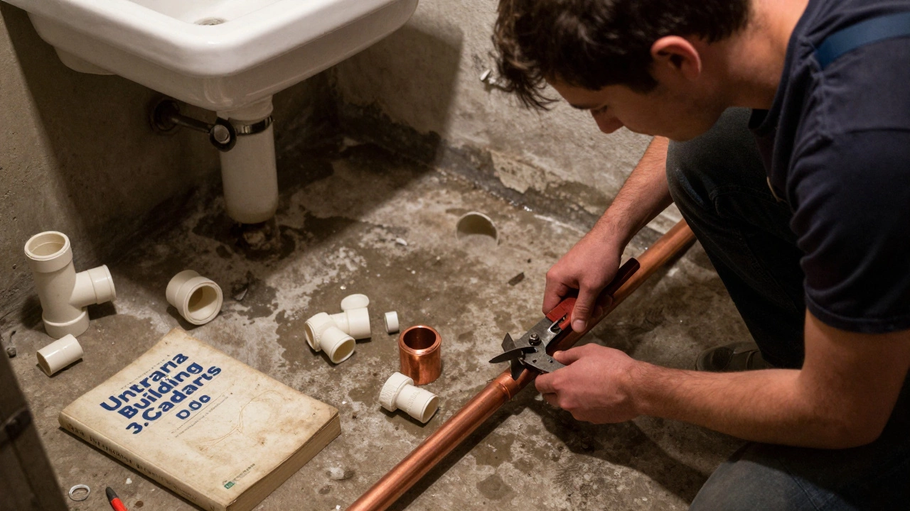 DIY plumber cutting copper pipe in basement with Ontario Building Code book nearby.