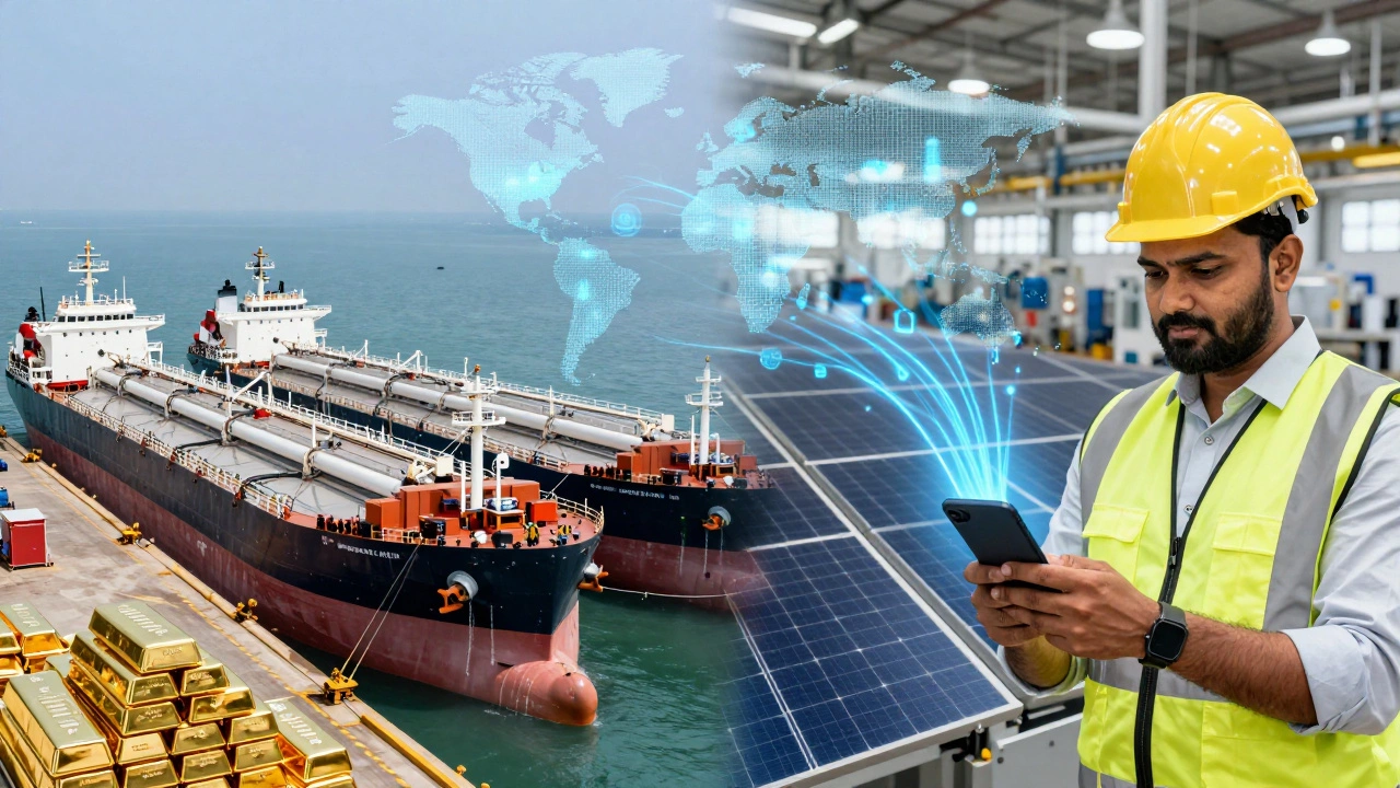 Dual-side image showing imports on one side and high-tech exports on the other.