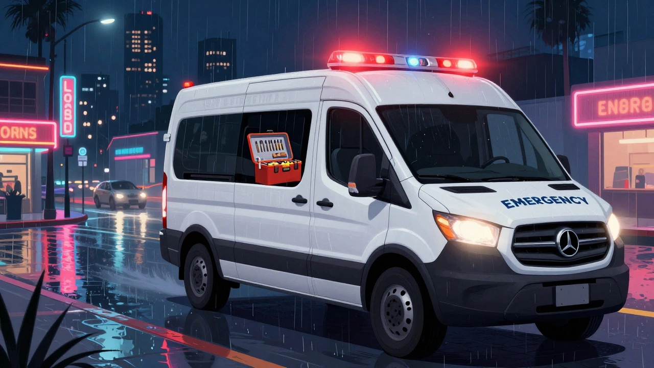Locksmith driving an emergency van at night through a neon-lit California city street.