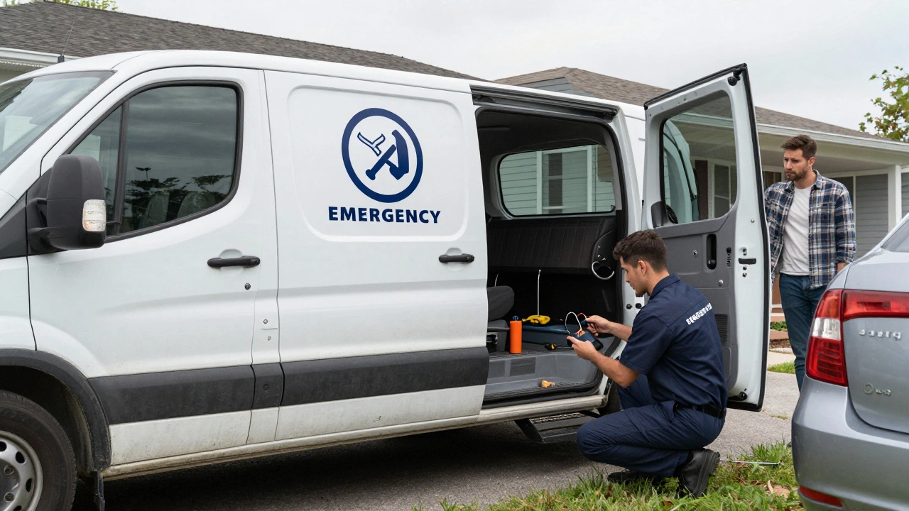 Locksmith working on a car beside a branded van outside a home