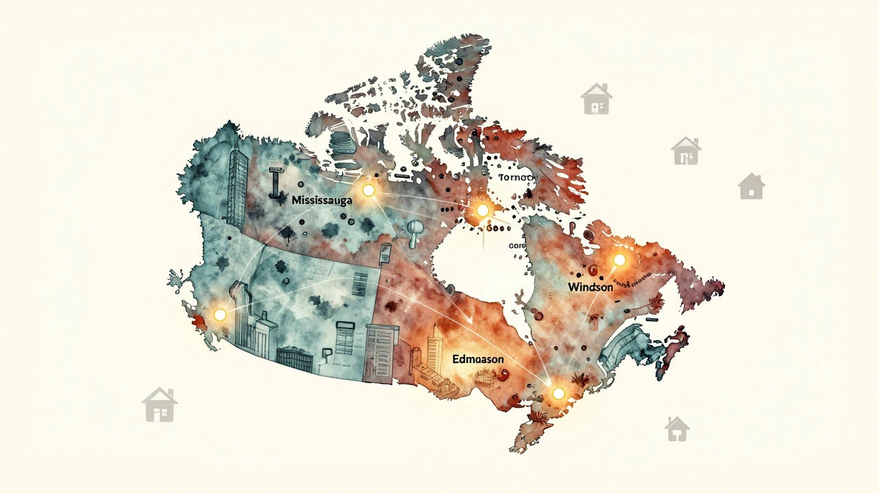Map of Canada showing glowing plumbing workforce hotspots in five growing cities