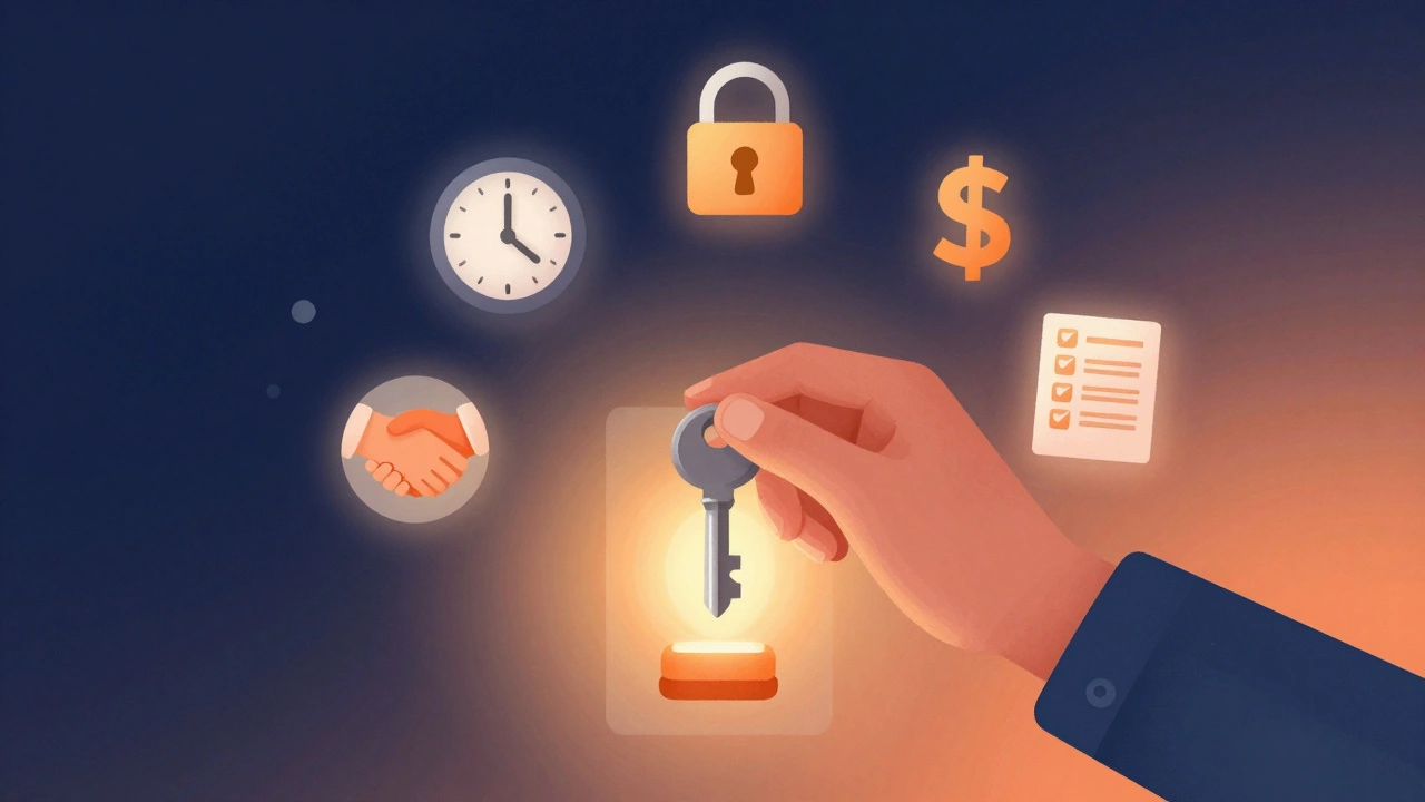 Person holding key under emergency call button with symbolic icons