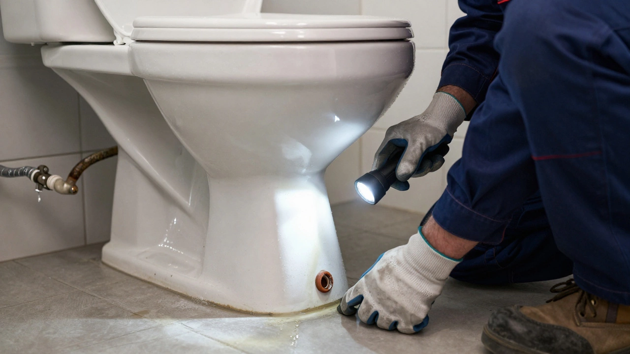 Plumber inspecting toilet base with flashlight, observing leaks and drainage patterns in a cluttered bathroom.