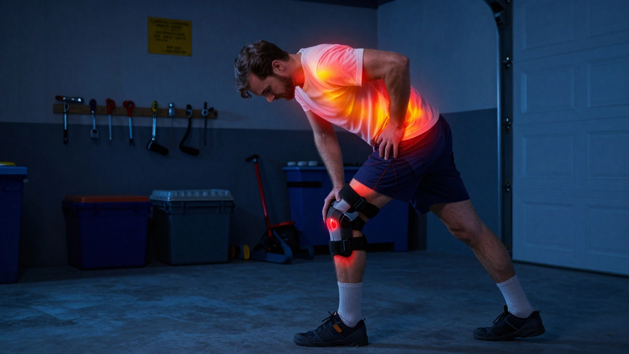Plumber stretching in a garage at dusk, glowing heat markers show pain areas on body.