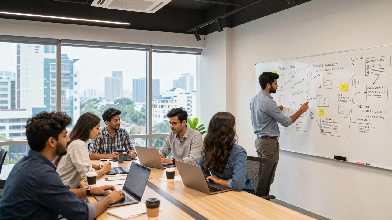 Professionals from across India collaborating in English at a modern Bangalore office space.