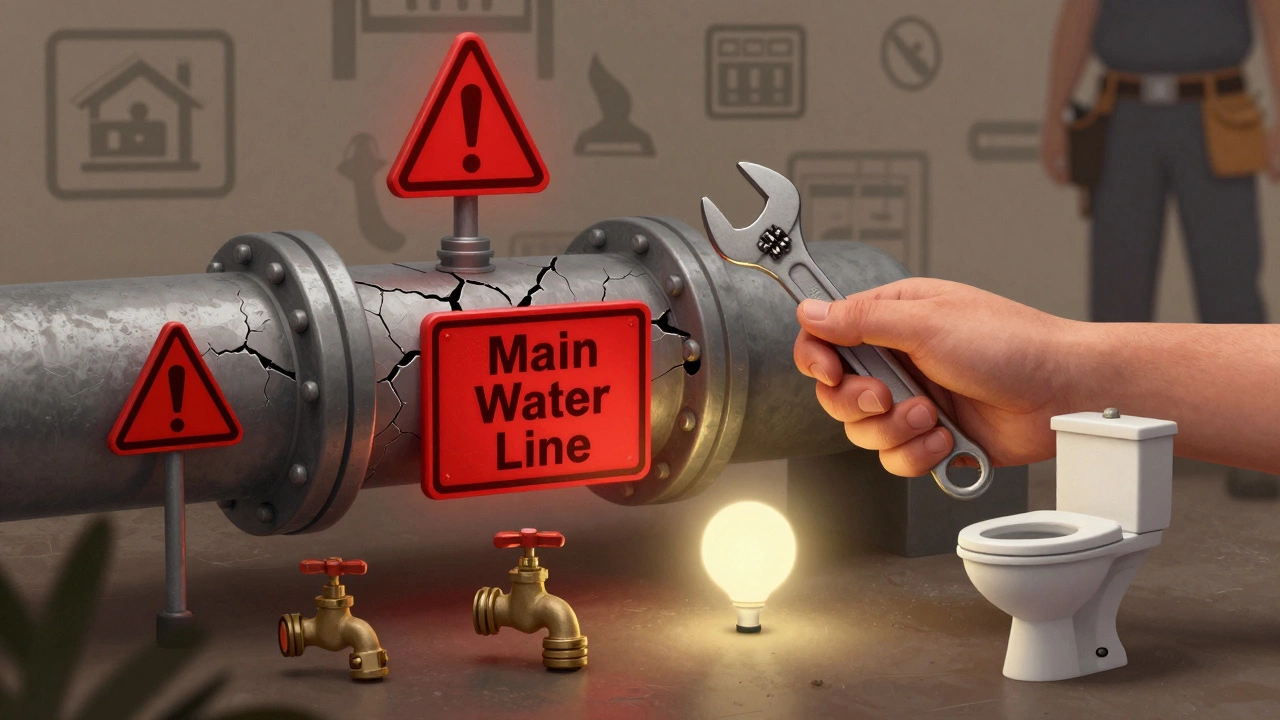 Small safe repairs contrasted with a dangerous main water line, symbolizing DIY limits.