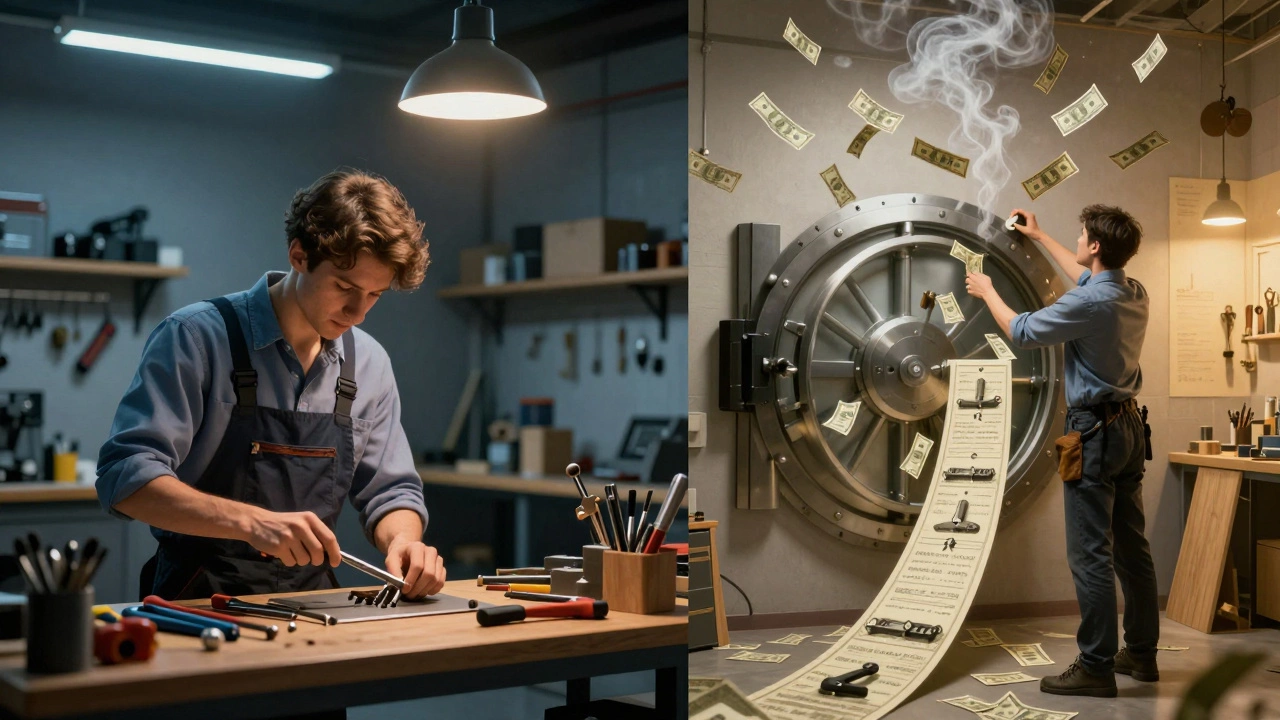 Split-image showing a locksmith’s career growth from apprentice to specialist with rising income symbols.