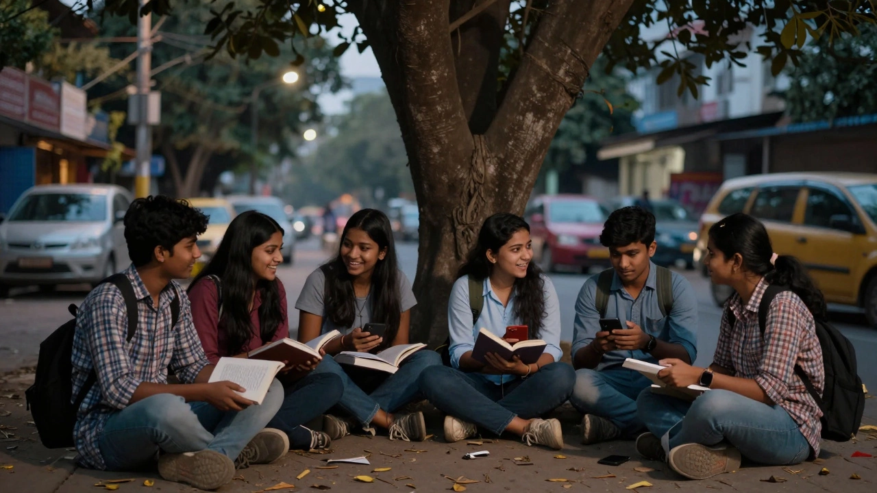 Students discussing in English under a tree in Hyderabad during golden evening light.