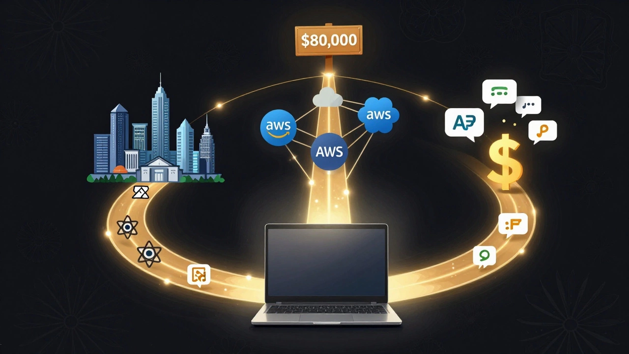 Three digital pathways from a laptop leading to tech symbols and a ,000 goal, representing skill-based success in India.