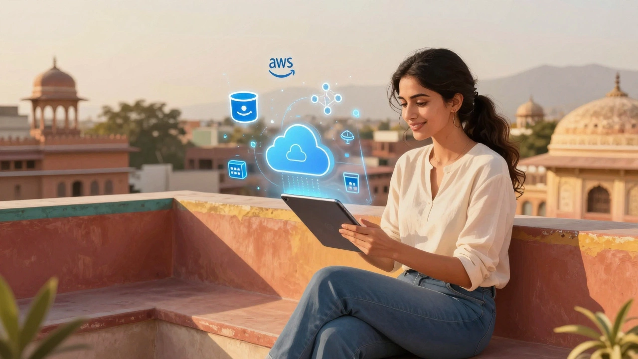 Woman in India working remotely on a rooftop, viewing cloud infrastructure on a tablet with holographic tech elements.