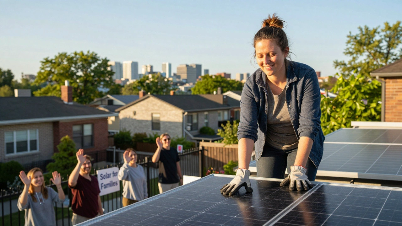 Woman installing solar panels on rooftop, neighbors waving below, sunny day, green trees in background.