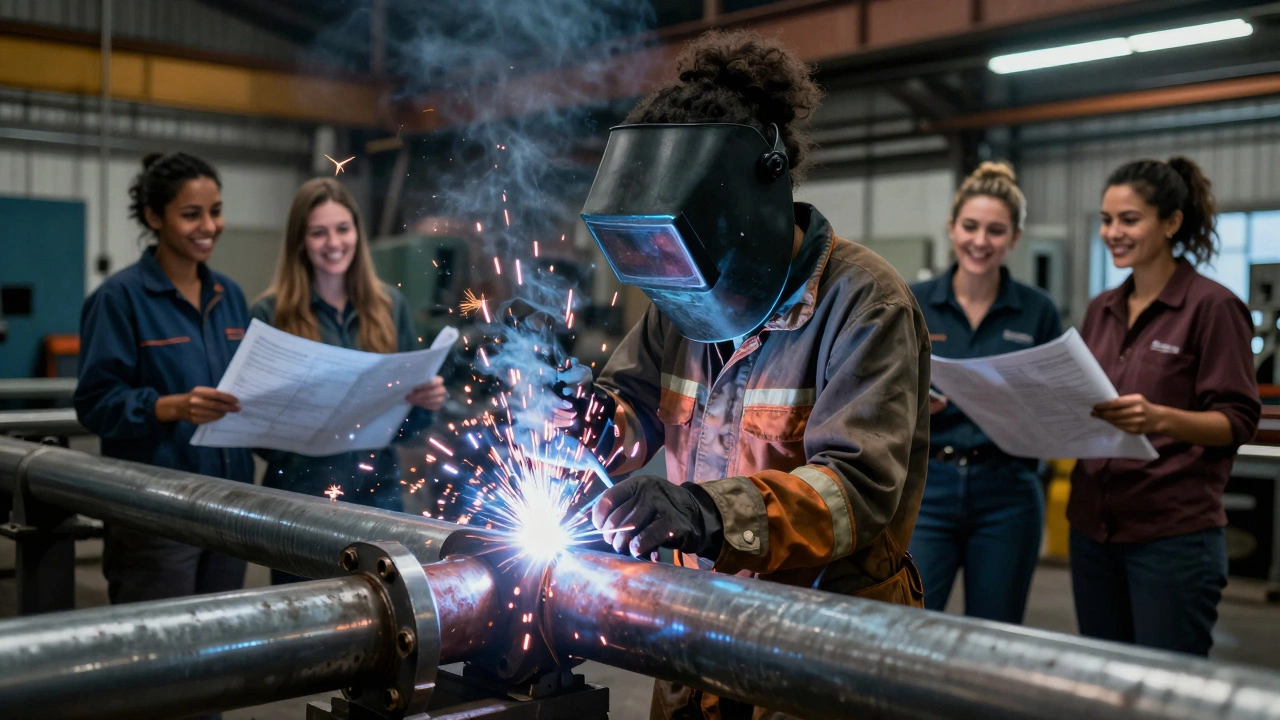 Woman welding steel pipeline in workshop, sparks flying, other women reviewing blueprints nearby.