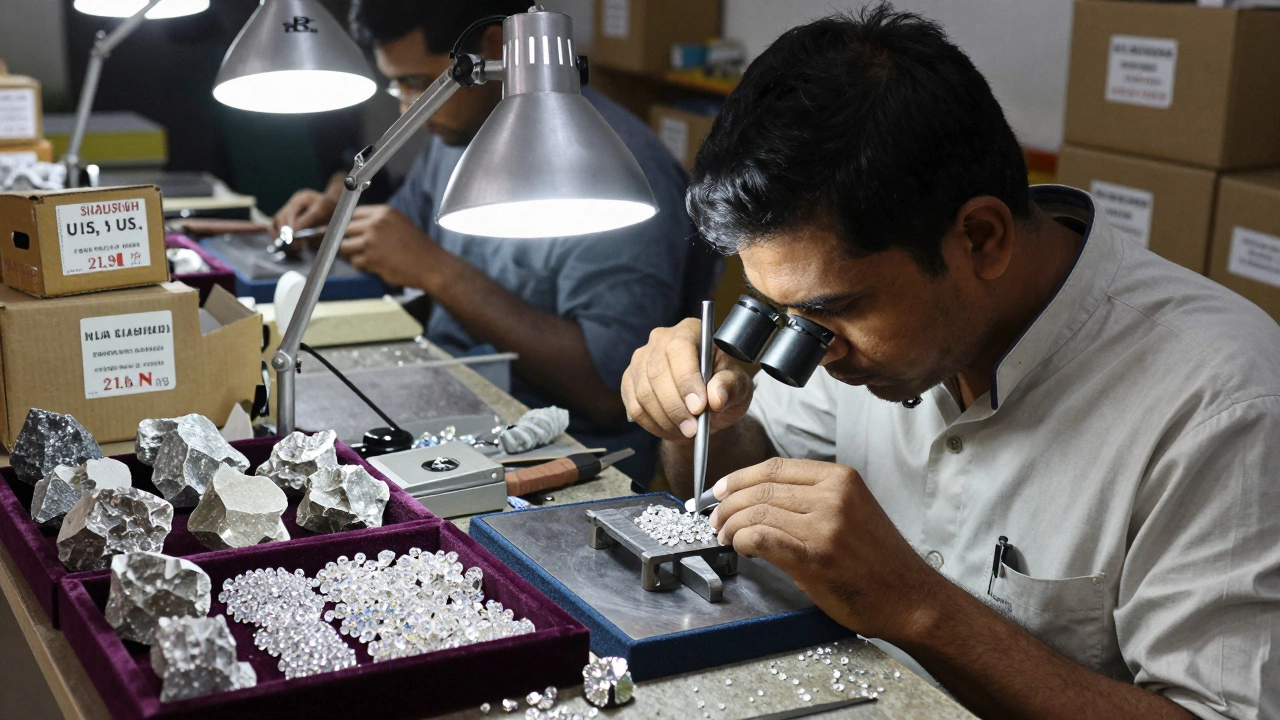 Workers polishing diamonds in a Surat workshop with gems arranged on velvet trays.