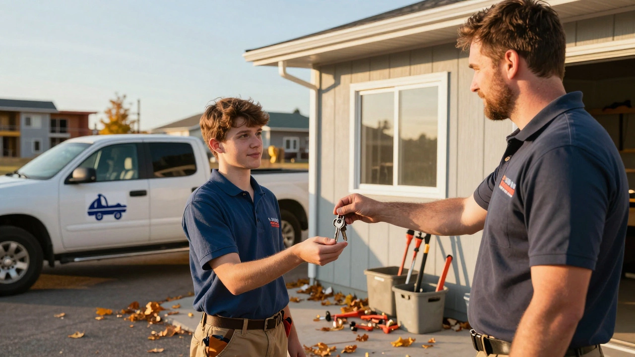 Young apprentice receiving tools from company owner in Edmonton with homes in background