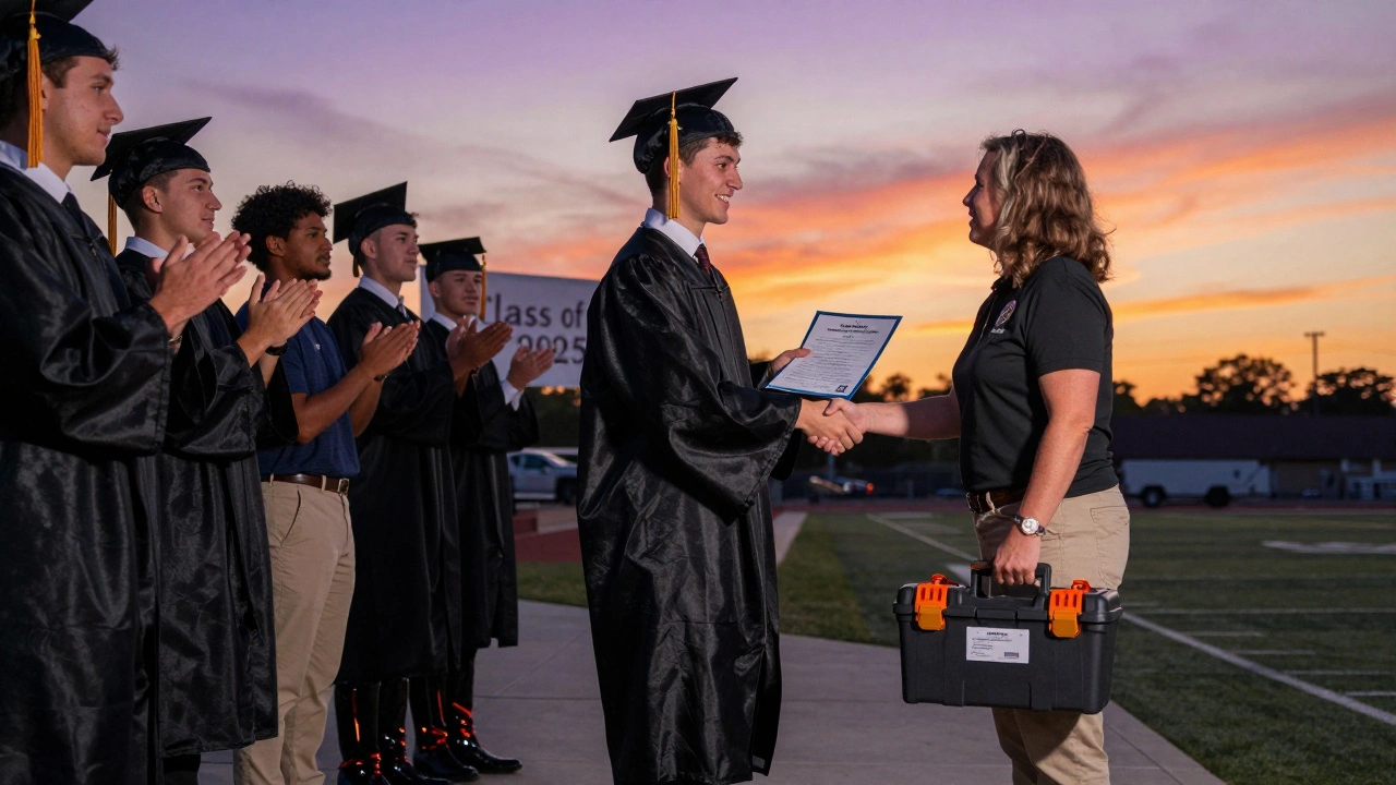 A graduate shaking hands with a counselor at Job Corps graduation, holding tools and a job offer.