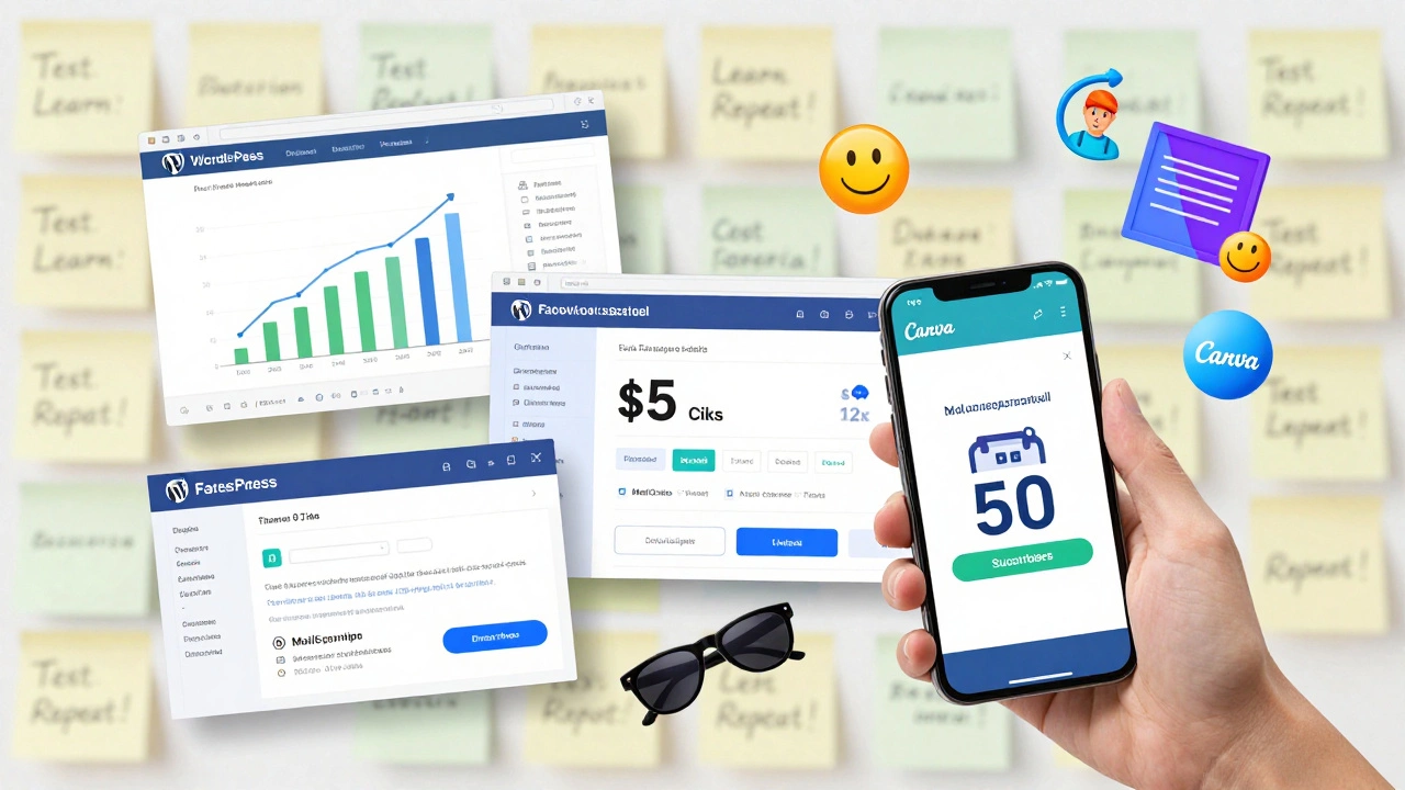 Collage of free digital marketing tools in use: blog, Facebook ad, email list, and social graphics.