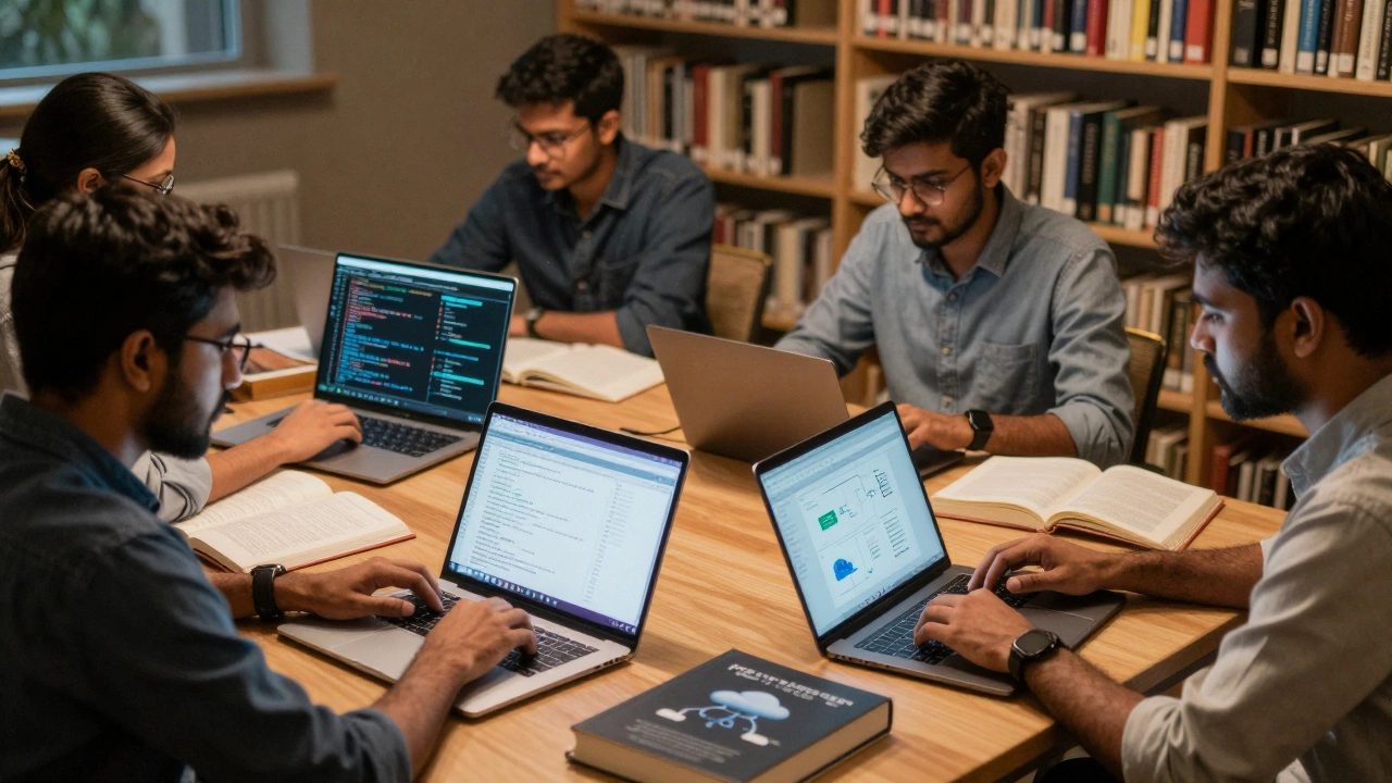 Indian students studying computer science topics together in a library, each focused on different tech projects like cloud infrastructure and data analysis.
