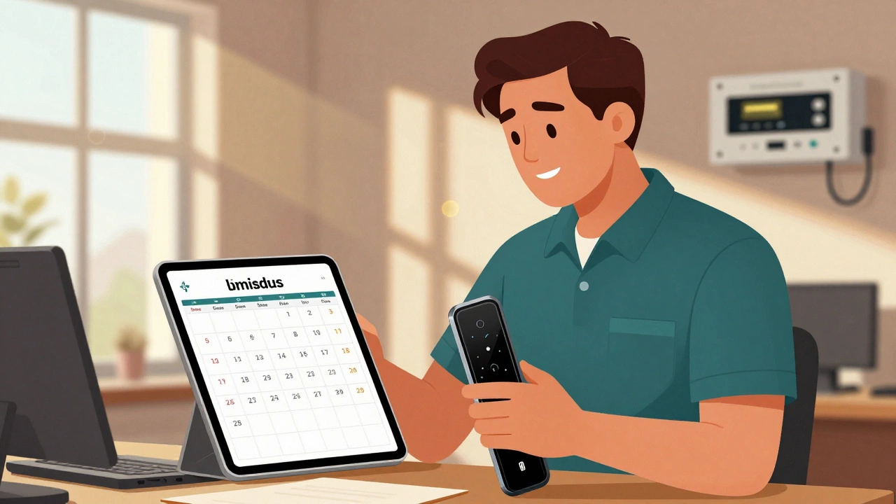 Locksmith managing service appointments for apartment buildings with a tablet.