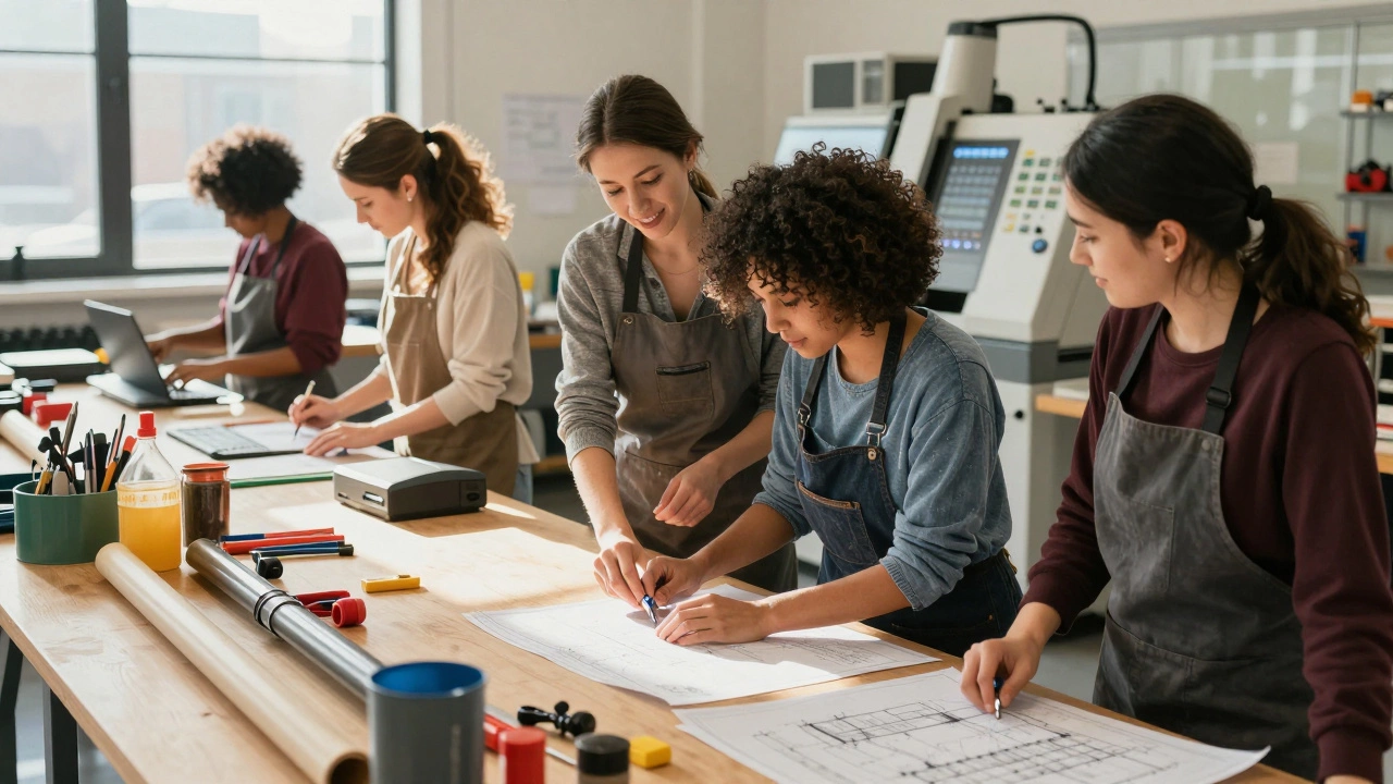 Modern women learning plumbing and CNC machining in a community college workshop.