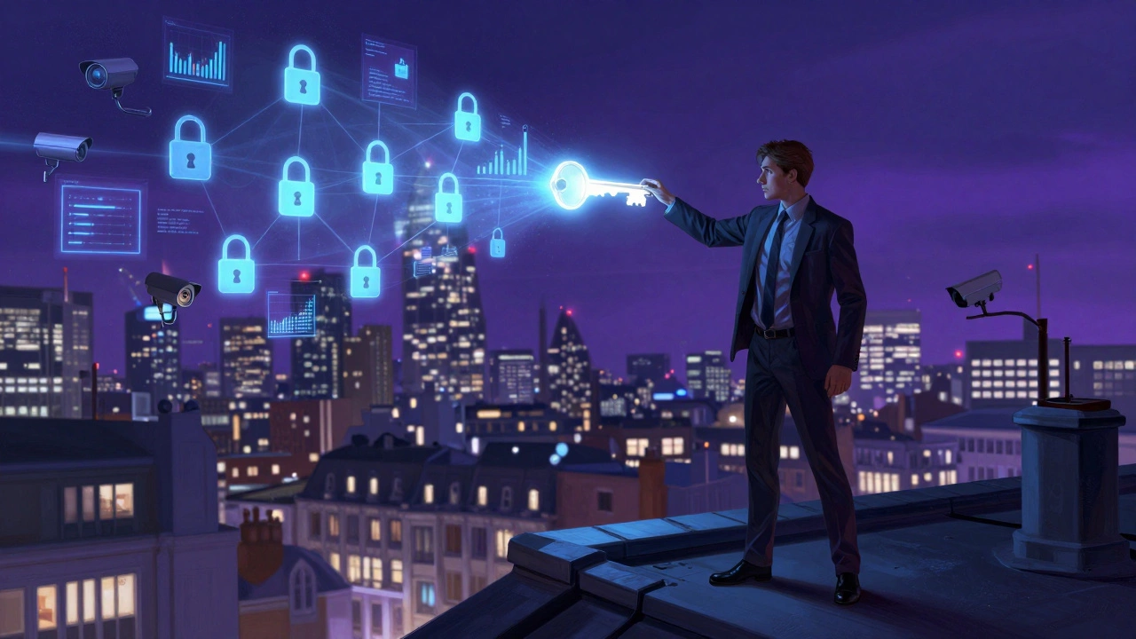 Self-employed locksmith overlooking city skyline with glowing smart locks and financial data.
