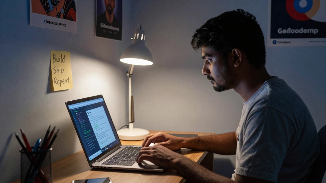 Self-taught developer in a small-town bedroom deploying a weather app on a laptop, illuminated by a single lamp with GitHub posters on the wall.