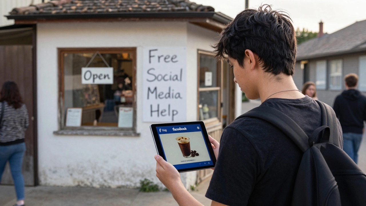 Someone offering free social media help to a small bakery with a mock ad on tablet.