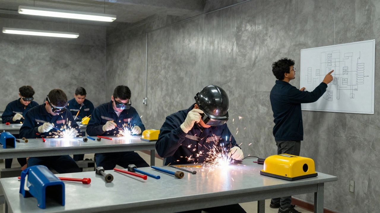 Students practicing welding in a vocational lab with safety gear and sparks flying.