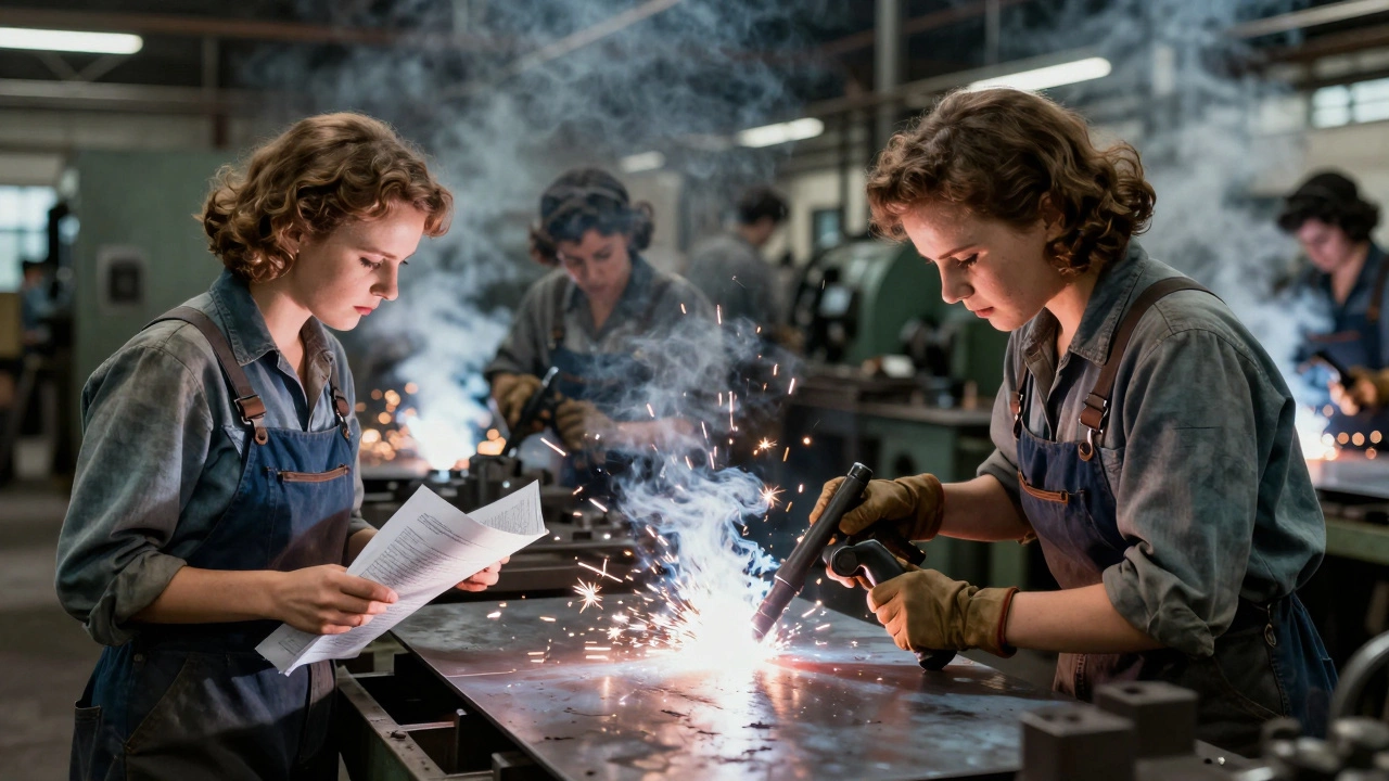 Women welding in a 1940s American factory during WWII, sparks flying around them.