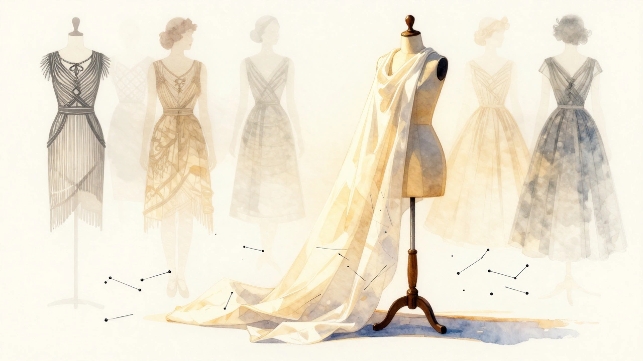 A designer draping muslin on a mannequin with historical fashion silhouettes in the background.