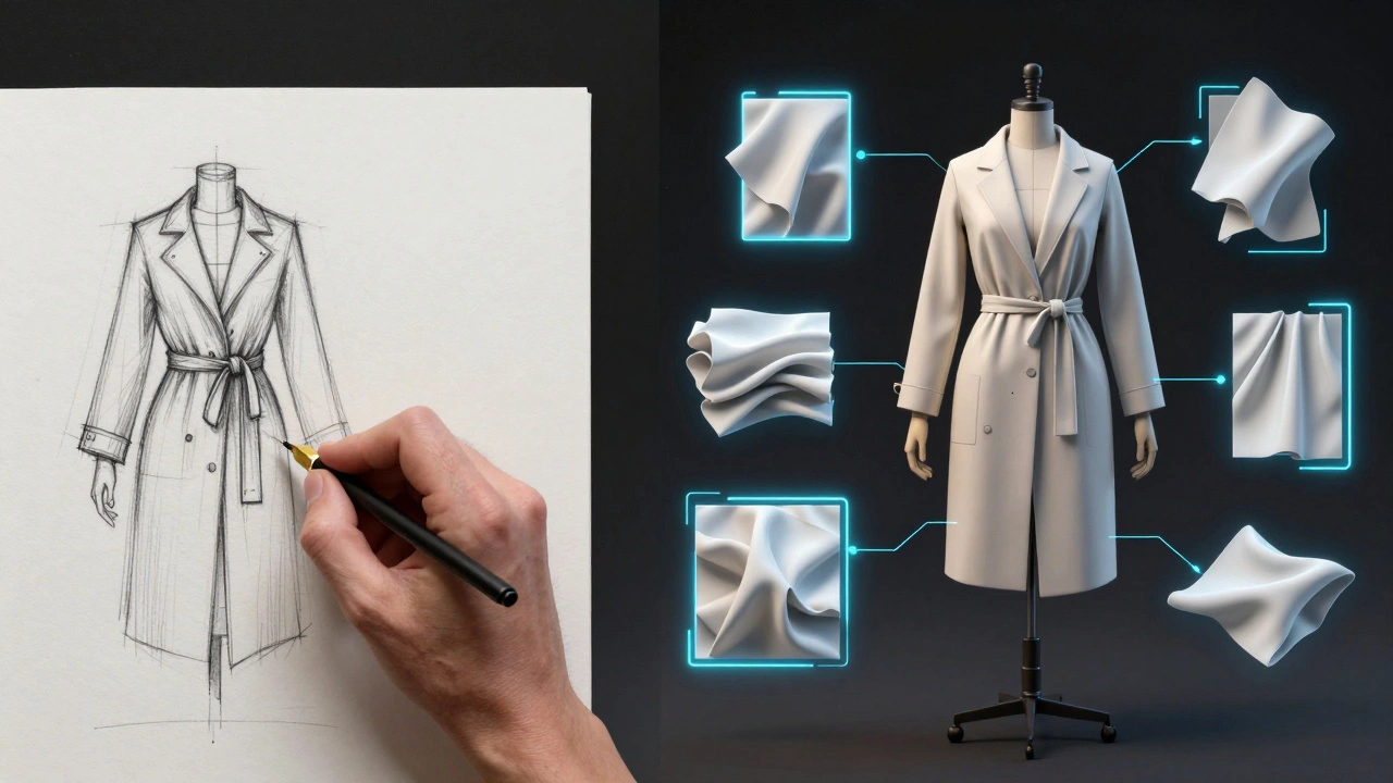 A digital rendering of a garment next to its hand-drawn sketch, with tech pack elements floating around.