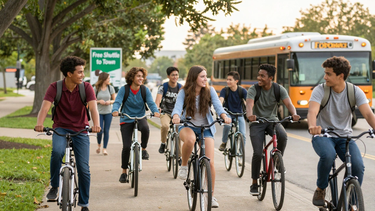 A group of students walk and bike toward a shuttle bus at a Job Corps center under golden light.