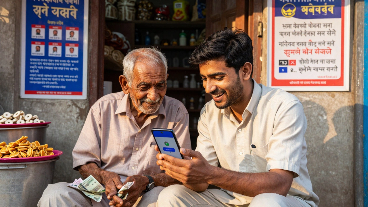 A man in Jaipur teaching his older neighbor how to use Google Pay on a smartphone in a local shop.