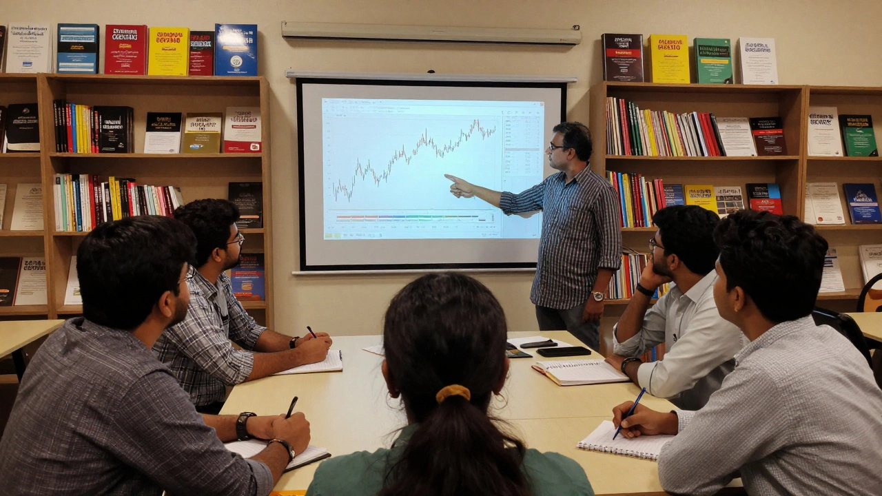 A small group of traders learning technical analysis in a Delhi-NCR community workshop.