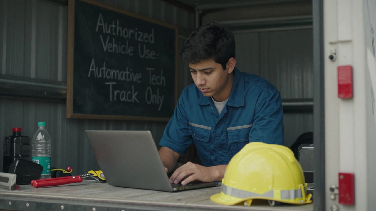 A student in uniform examines a truck under supervision, with an authorized vehicle sign in the background.
