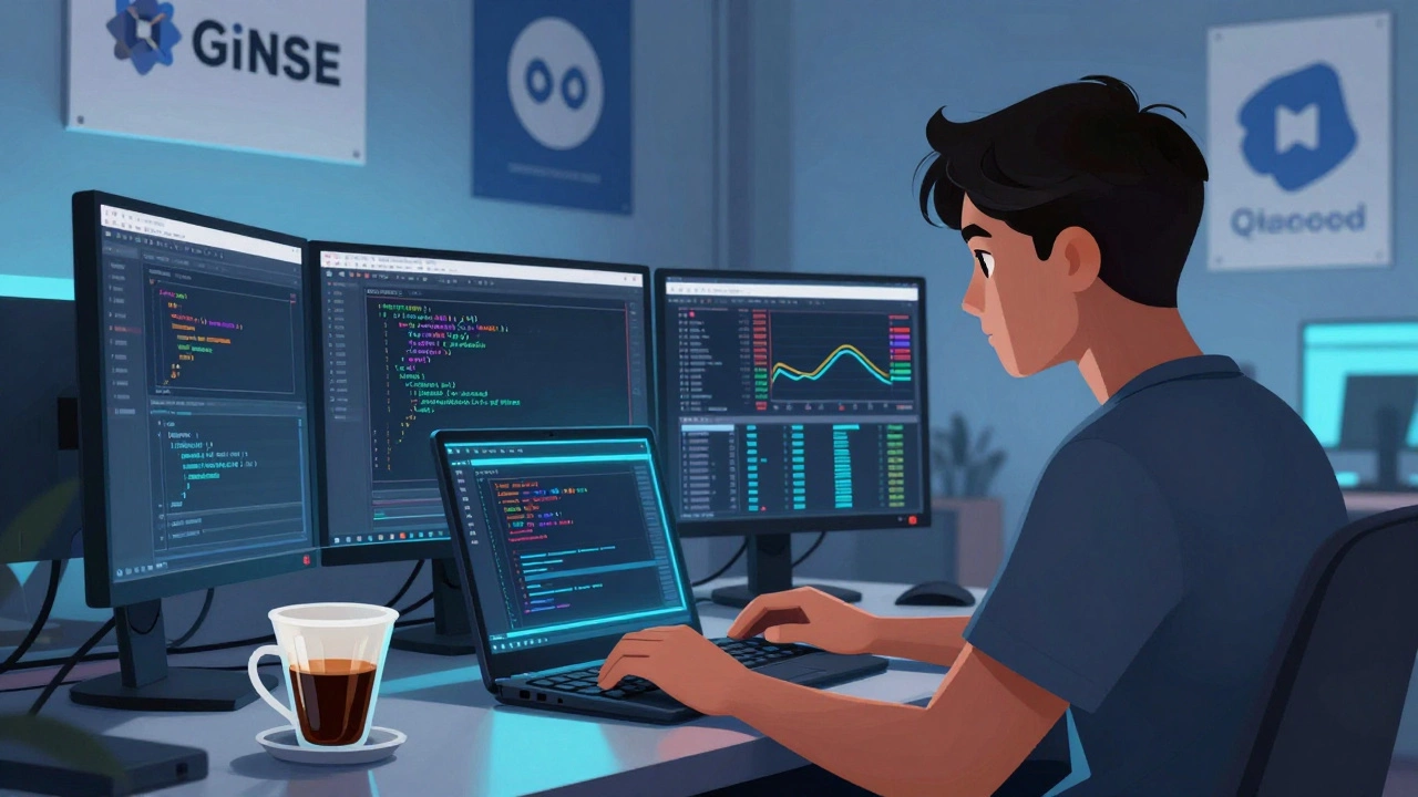 A young coder working on an algorithmic trading bot in a Bangalore co-working space.