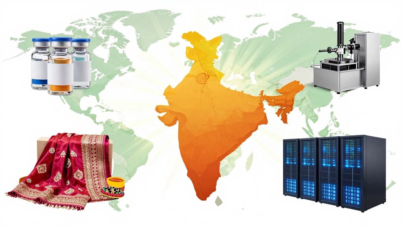 Collage of pharmaceuticals, machinery, textiles, gems, and IT servers with global trade routes radiating from India.