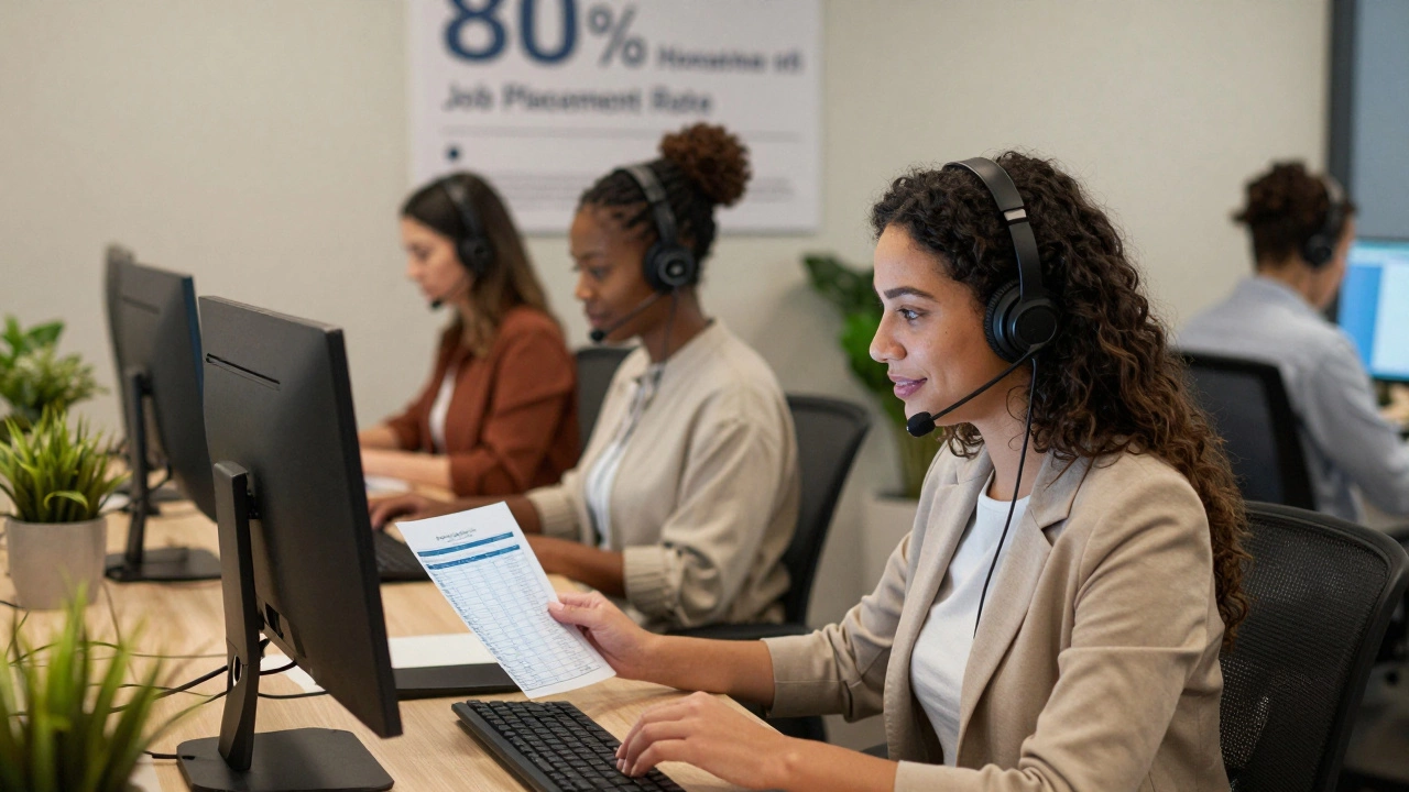 Diverse women working calmly at desks in an office, using computers to manage health records with headphones on.