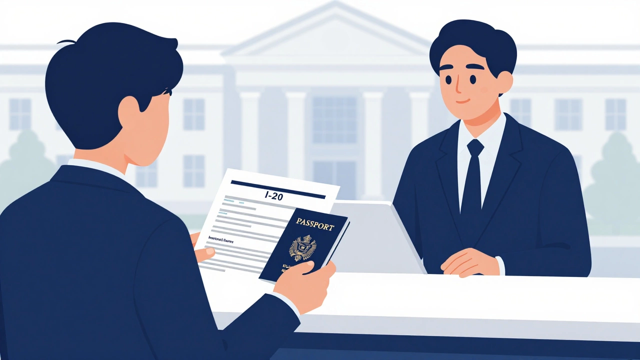 International student presenting visa documents at US embassy counter