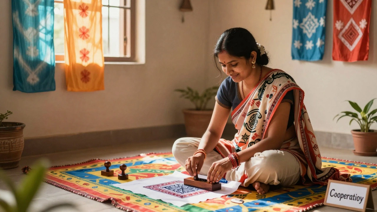 Woman block-printing traditional scarves on a colorful floor mat in rural India, surrounded by dyed fabrics.