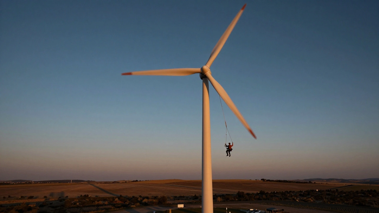 A technician maintaining wind turbine blades under a twilight sky.
