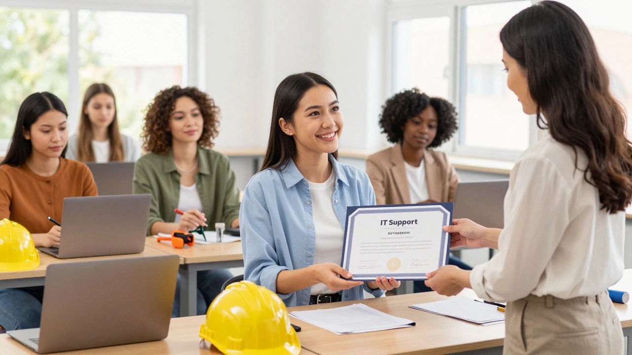 A woman receiving an IT certification certificate from an instructor, surrounded by peers.