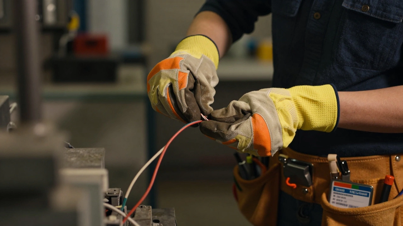 A woman’s hands connecting electrical wires while wearing protective gear in a workshop.