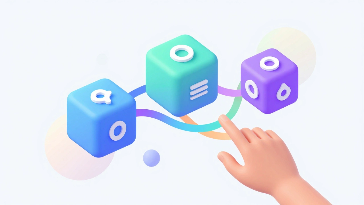 Abstract 3D blocks connected by colorful flow lines.